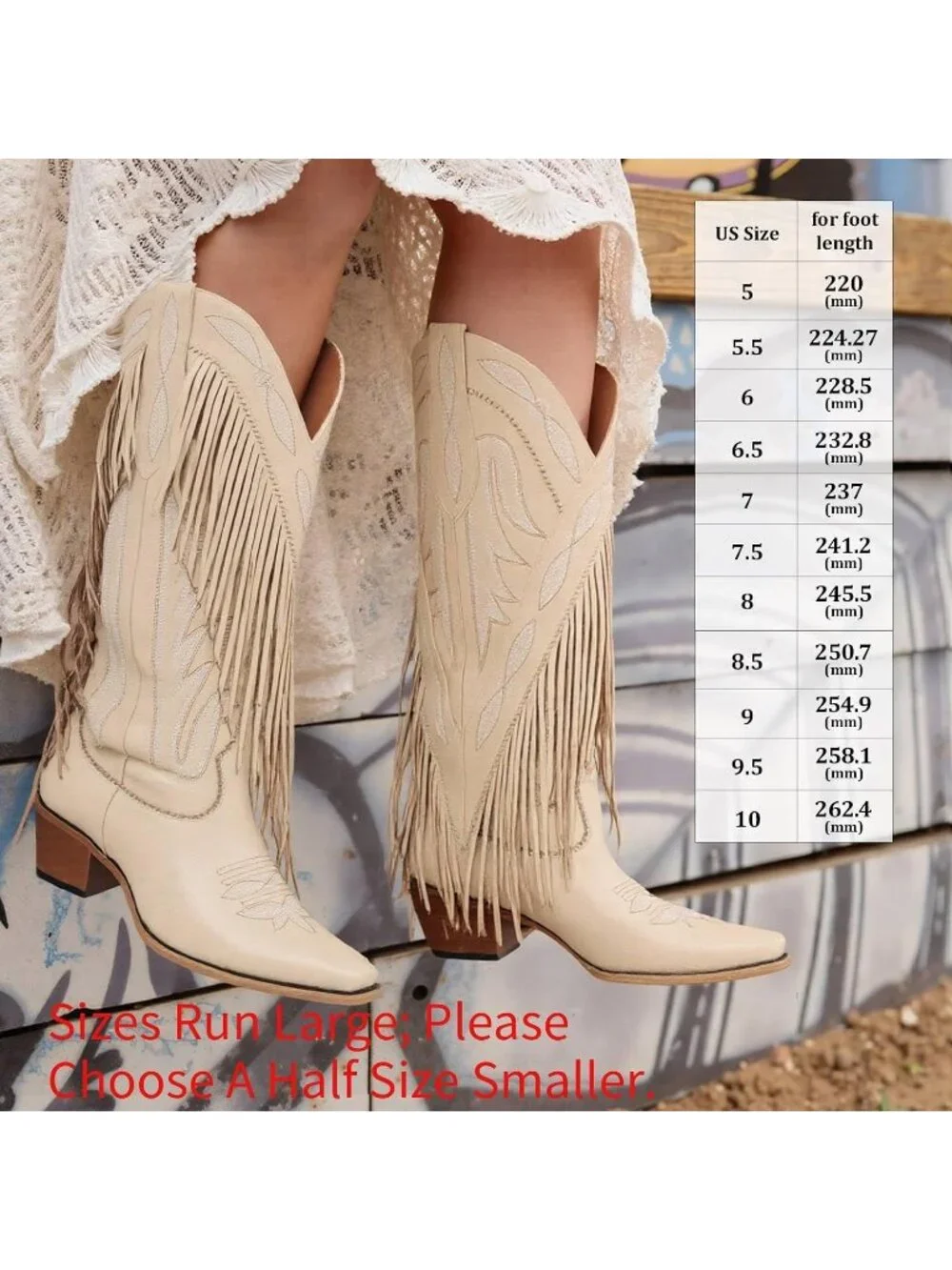 Women's Beige Retro Block Chunky Fringe Wide Calf Pointed Toe Knee High Boots